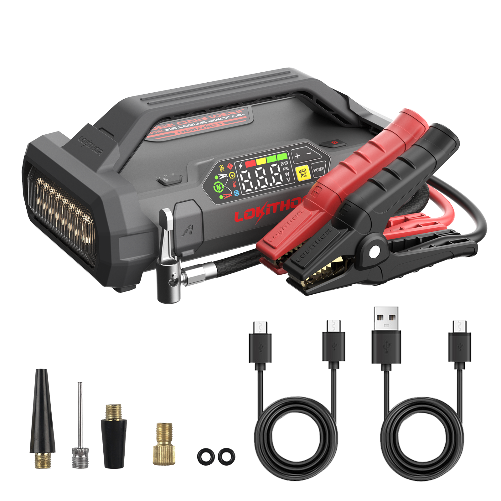 Lokithor JA301 PRO 12V  74.37Wh 2500A LiPo Jump Starter With 150PSI Air Inflator